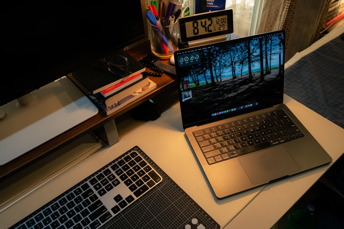 Organized desk with a laptop and office equipment