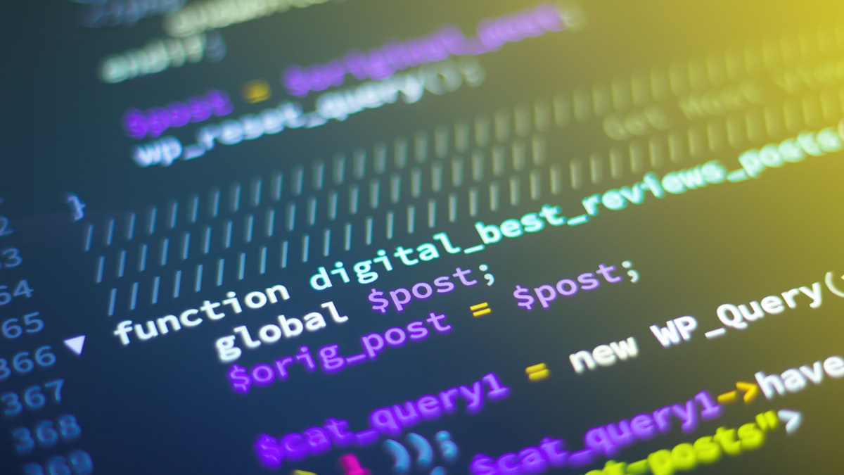 Source code on a screen, coloured by syntax highlighting