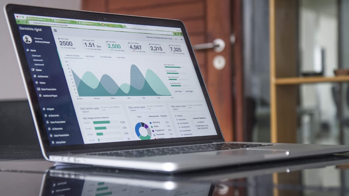 A laptop displaying an analytics dashboard of charts and trend lines