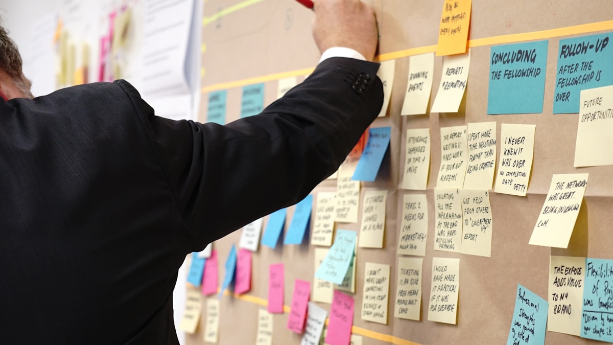 Someone arranging sticky notes across a planning wall